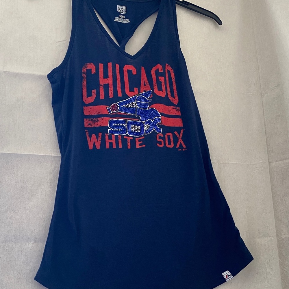 Majestic Navy and Red Chicago White Sox Tank Top bejeweled twist back